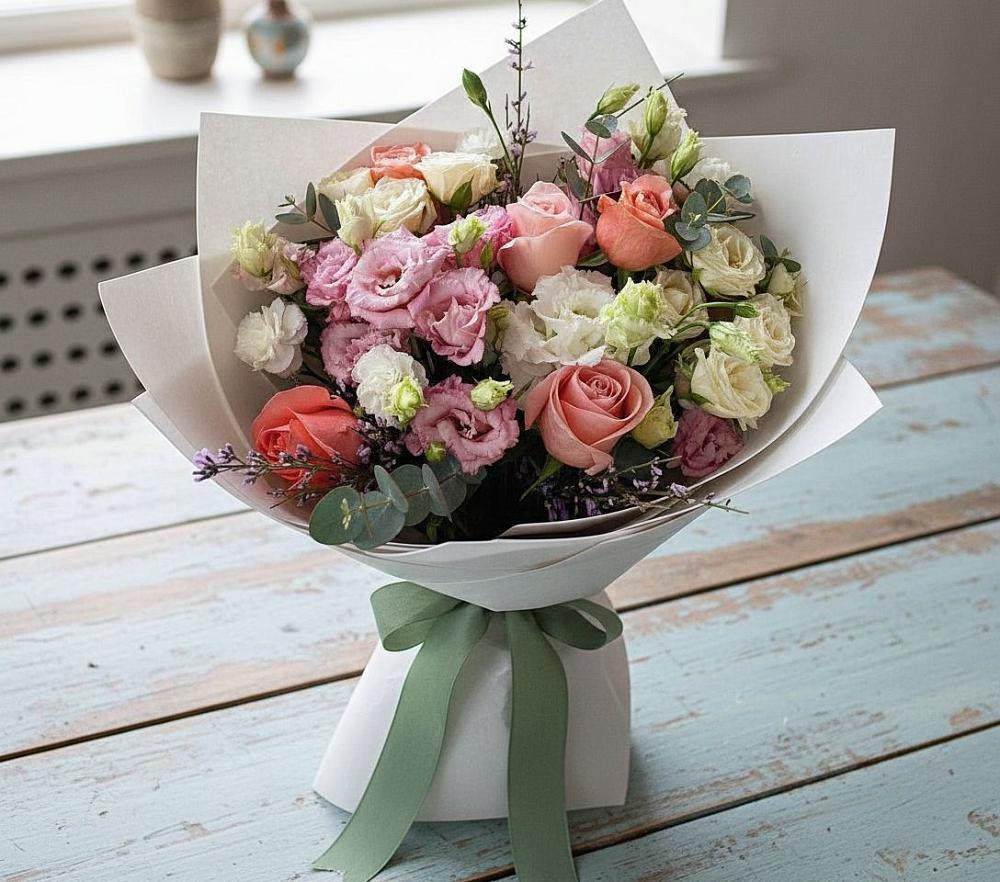 Букет цветов из: Розы, Лизиантусы и Гвоздики в Минеральных водах