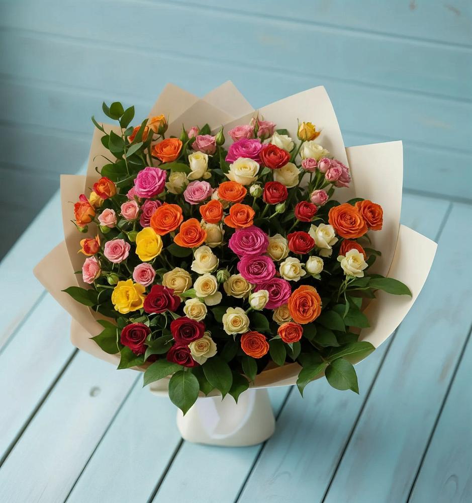 Букет Микс из разноцветных кустовых роз в Минеральных водах
